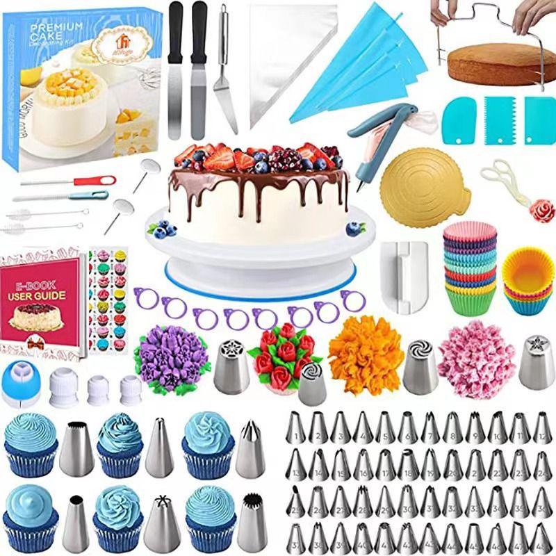 320-Piece Cake Decorating Kit: Turntable, Nozzles, Piping Bags, Scrapers, Spatulas, Muffin Cups