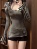 Women's Slimming Striped Long Sleeve Waist-cinching Top - Autumn New Arrival