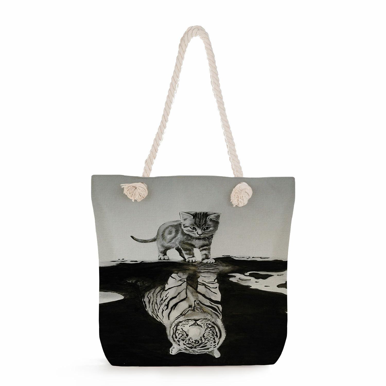 Animal reflections print thick rope single-shoulder beach bag 7277