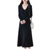 Autumn and Winter New V-neck Thin Medium and Long Knitted Dress Women's Solid Color Temperament Simple Inside with a Bottom Sweater Skirt