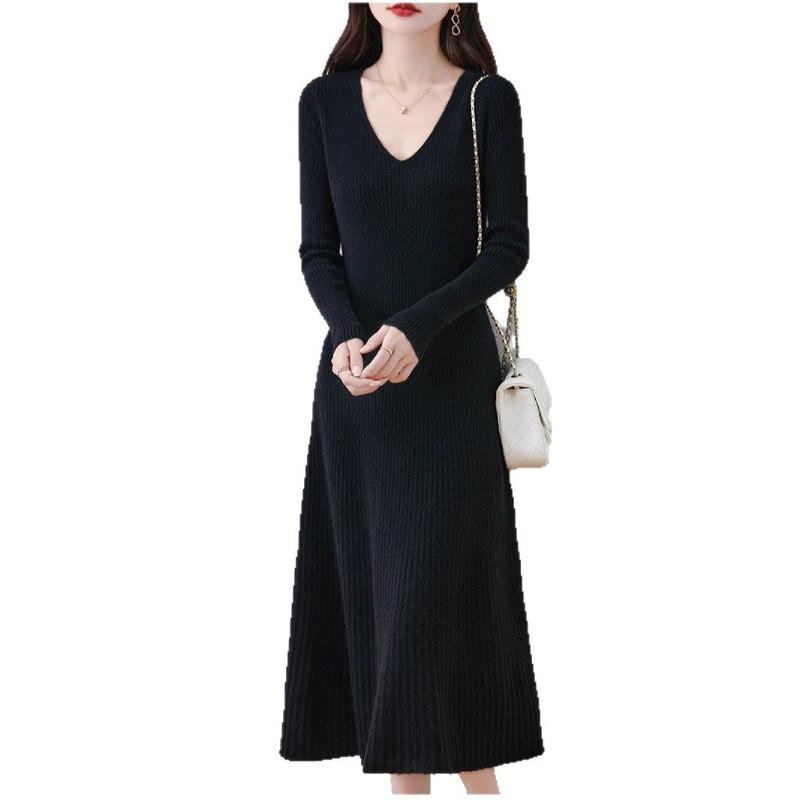 Autumn and Winter New V-neck Thin Medium and Long Knitted Dress Women's Solid Color Temperament Simple Inside with a Bottom Sweater Skirt