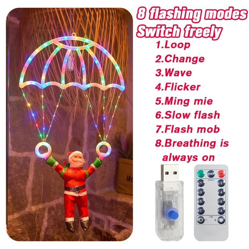 LED Christmas Parachute Light with Santa Claus Hanging Xmas Lamp for Outdoor Roof Balcony Porch Fence Tree Home Holiday Party Decor Ornaments
