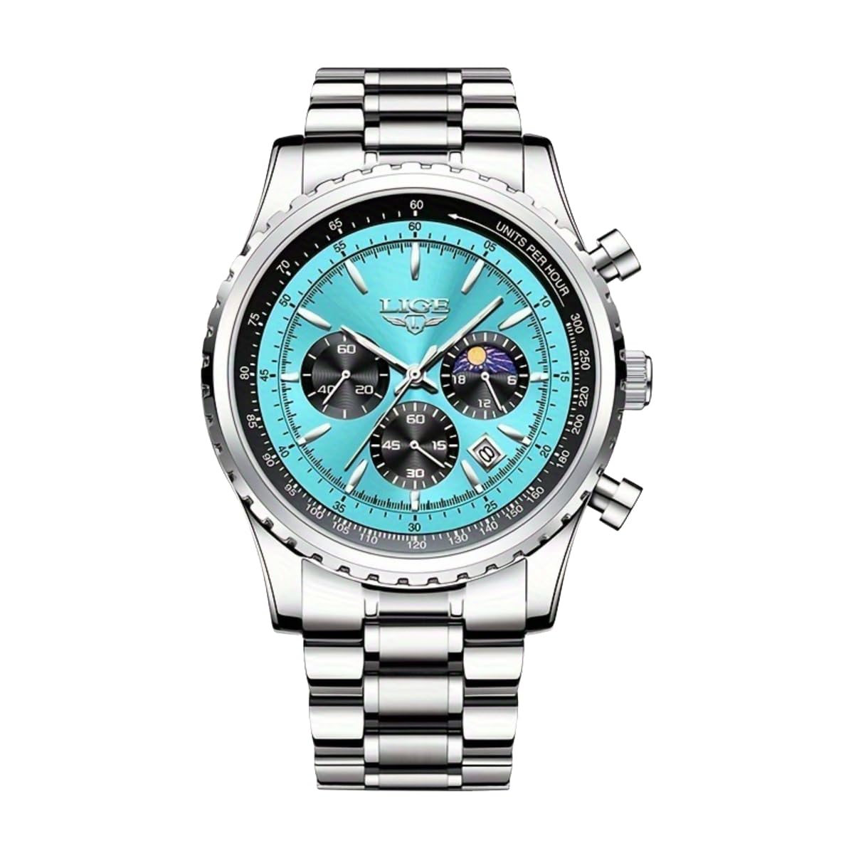 

LIGE Men s Quartz Chronograph Watch, Sky Blue, Round, Stylish, Silver [Parallel Import]