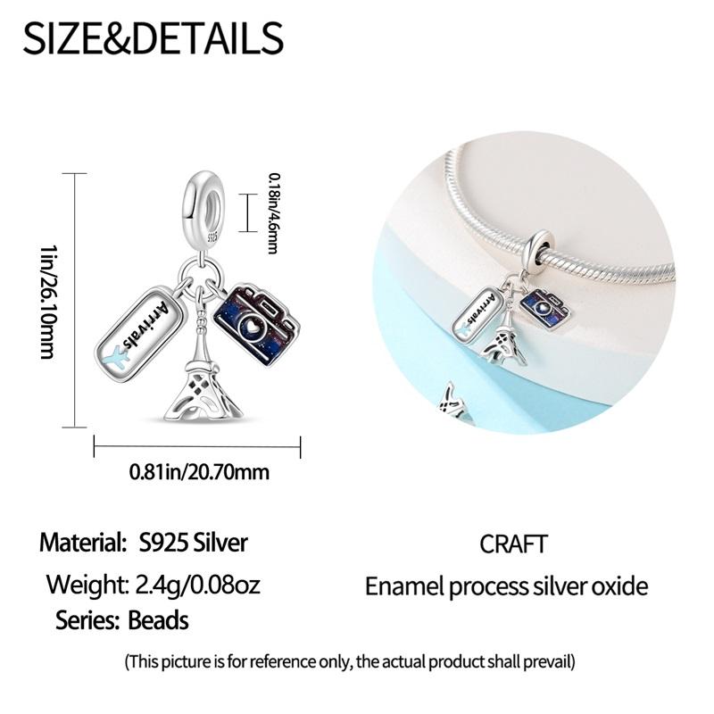 925 Sterling Silver Travel Series Camera Bicycle Tower Compass Bag Pendant Charm Fit 4mm Aperture Bracelet DIY Bead Jewelry Gift
