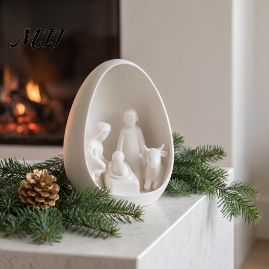 Minimalist Religious Decor Mini Nativity Scene Figurine, Christmas with Holy Family in Egg, Unique Souvenirs 3D Printed Tabletop Ornament for