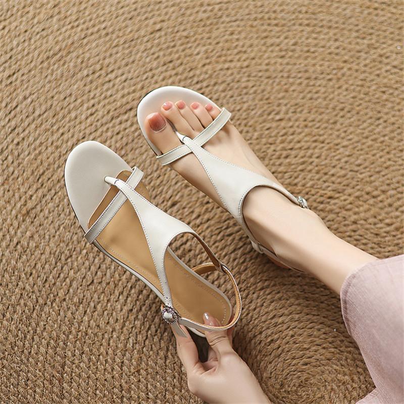 Módní nové letní sandály štípaná kůže dámské boty kulatá špička nízký podpatek sandály pro ženy módní římské sandály boty robustní podpatky