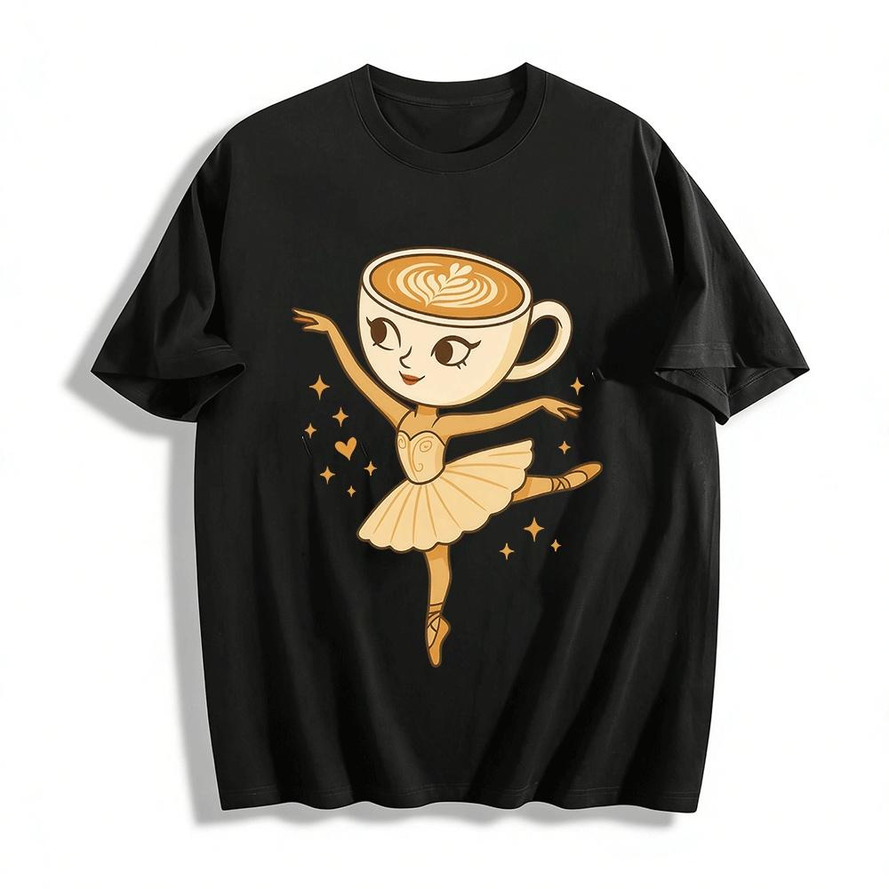 Cute Coffee Cup Ballerina Graphic Casual Top Pure cotton T-shirt XXS