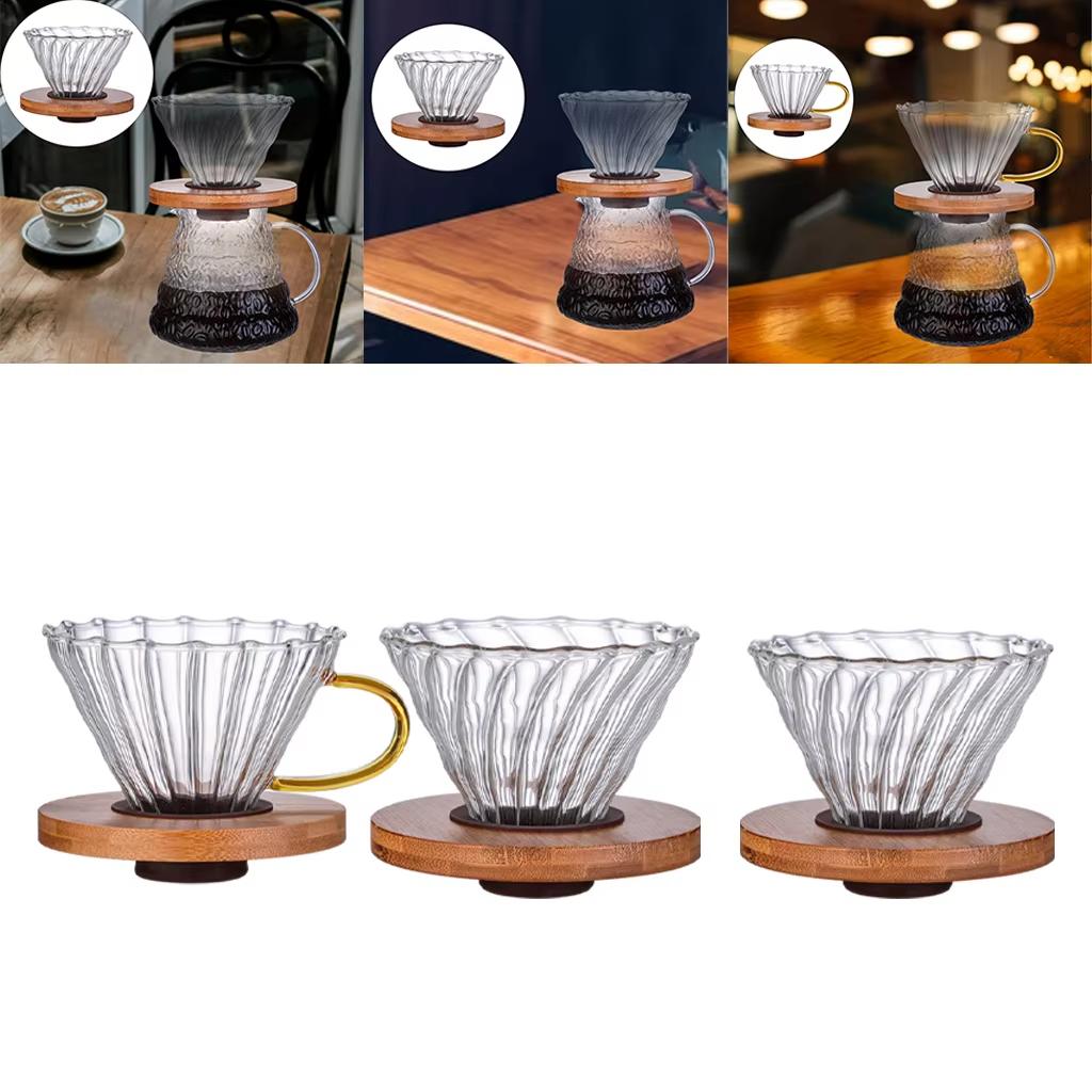 Coffee Dripper Glass Funnel Drip Coffee Maker 1-4Cup Filter Transparent Reusable Pour Over Brewing Cup with Wooden Holder