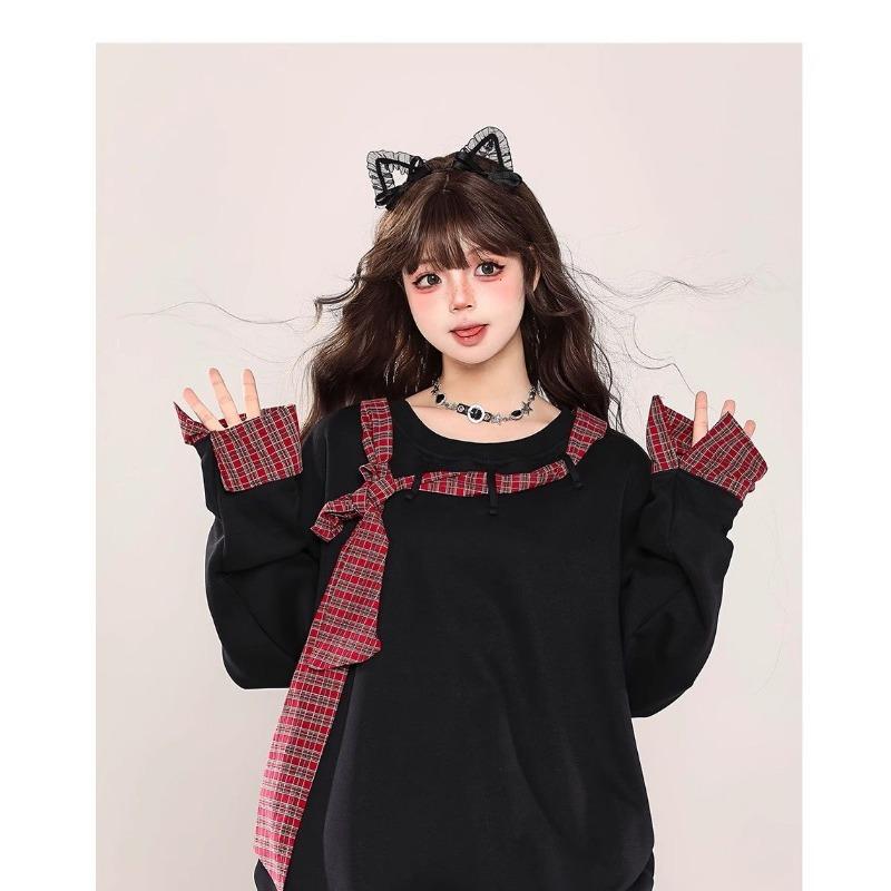 Women's Lace Up Long Sleeved Sweatshirt Round Neck Fake Two Loose Solid Color Women's Hoodies Autumn Fashion New Female Top