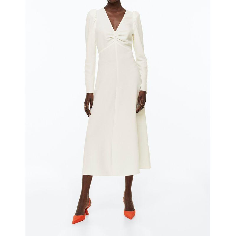 

Export Single H Home Fall New Arrival Lady Temperamental Elegance Beautiful Long Sleeves Ruched V-neck Beige Slim Looking Dress Cream color S