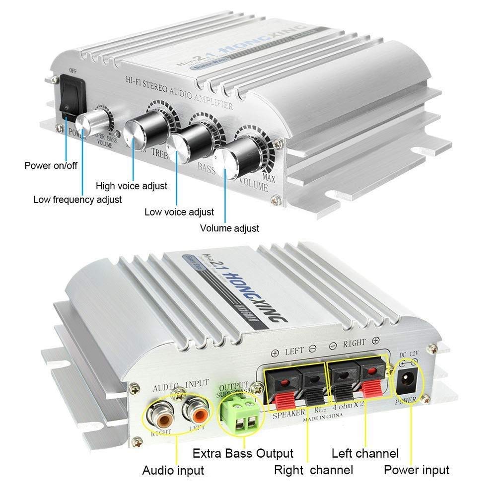 High Output Audio Amplifier Manufactured by HONGXING Effective Maximum Output 300W 300W 150W Deep Bass Stereo Amplifier 12V 5A Adapter Included