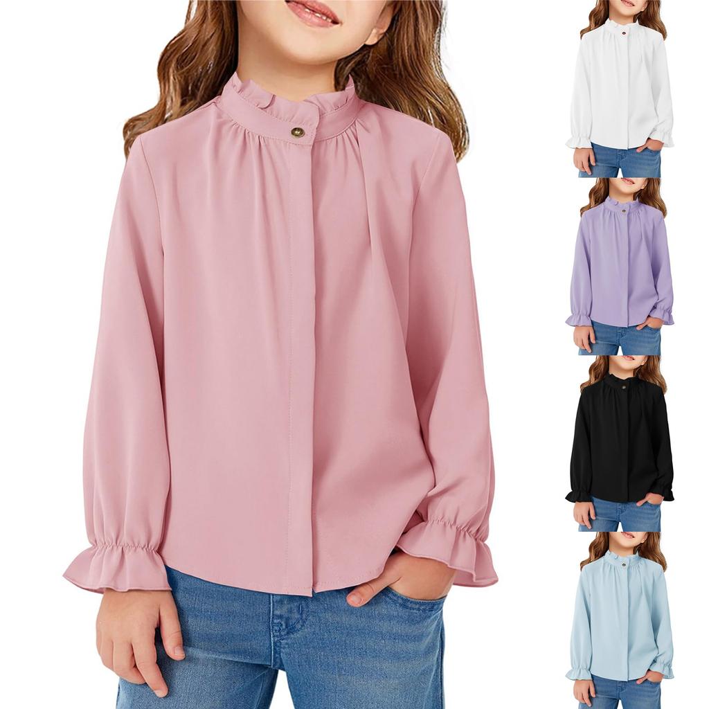 Girls' Ruffled Blouse - Solid Color Stand Collar Shirt