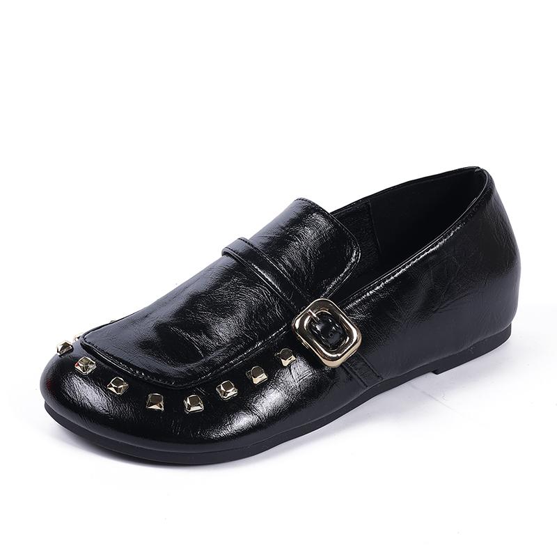 

Retro Studed Big Toe Doll Shoes Round Toe Deep Mouth Metal Buckle Slip-On Flat Loafers 40 чорний