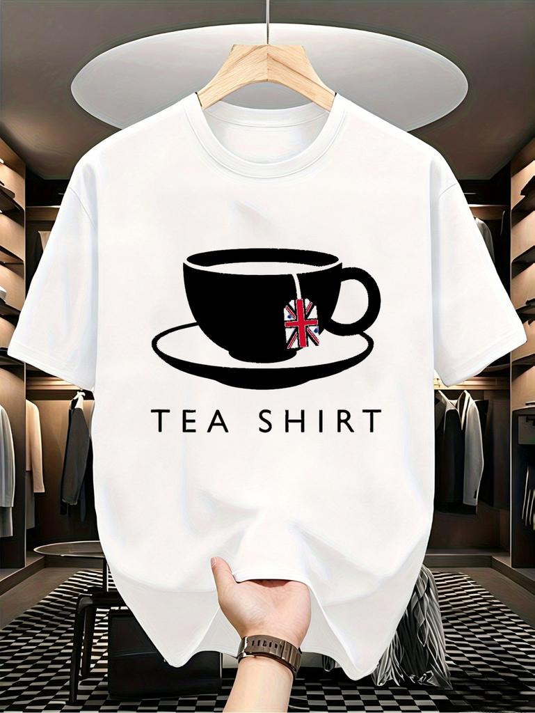 British Tea Lovers -Shirt - UK Flag in Teacup Design with TEA SHIRT Print, Loose Fit Casual Round Neck Black Shirt
