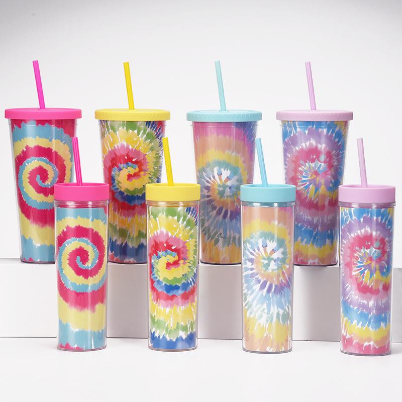 Tie-Dye Straw Cup 24Oz Double-Layer Plastic Water Cup Can Be Customized Creative Paper Card Diy