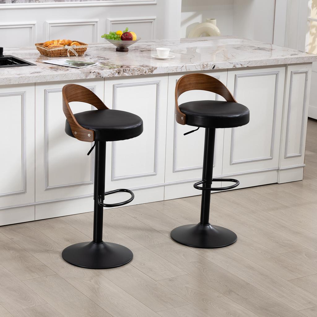 Set di 2 Sgabelli da Bar Rotanti a 360 gradi con Schienale, Legno di Noce Nero, Seduta in PU, Regolabili in Altezza (Pelle PU Nera)