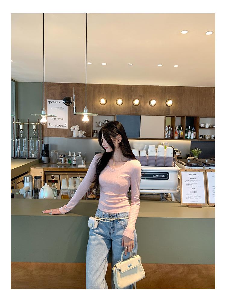 Korean Style Pink V-Neck Slimming Cropped Long Sleeve Women's Top - Autumn/Winter Collection