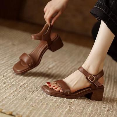 Fashion Women's Summer Retro Square-toed Thick-heeled Roman Sandals Casual and Comfortable Soft-soled Beach Sandals Sandalias De Mujer