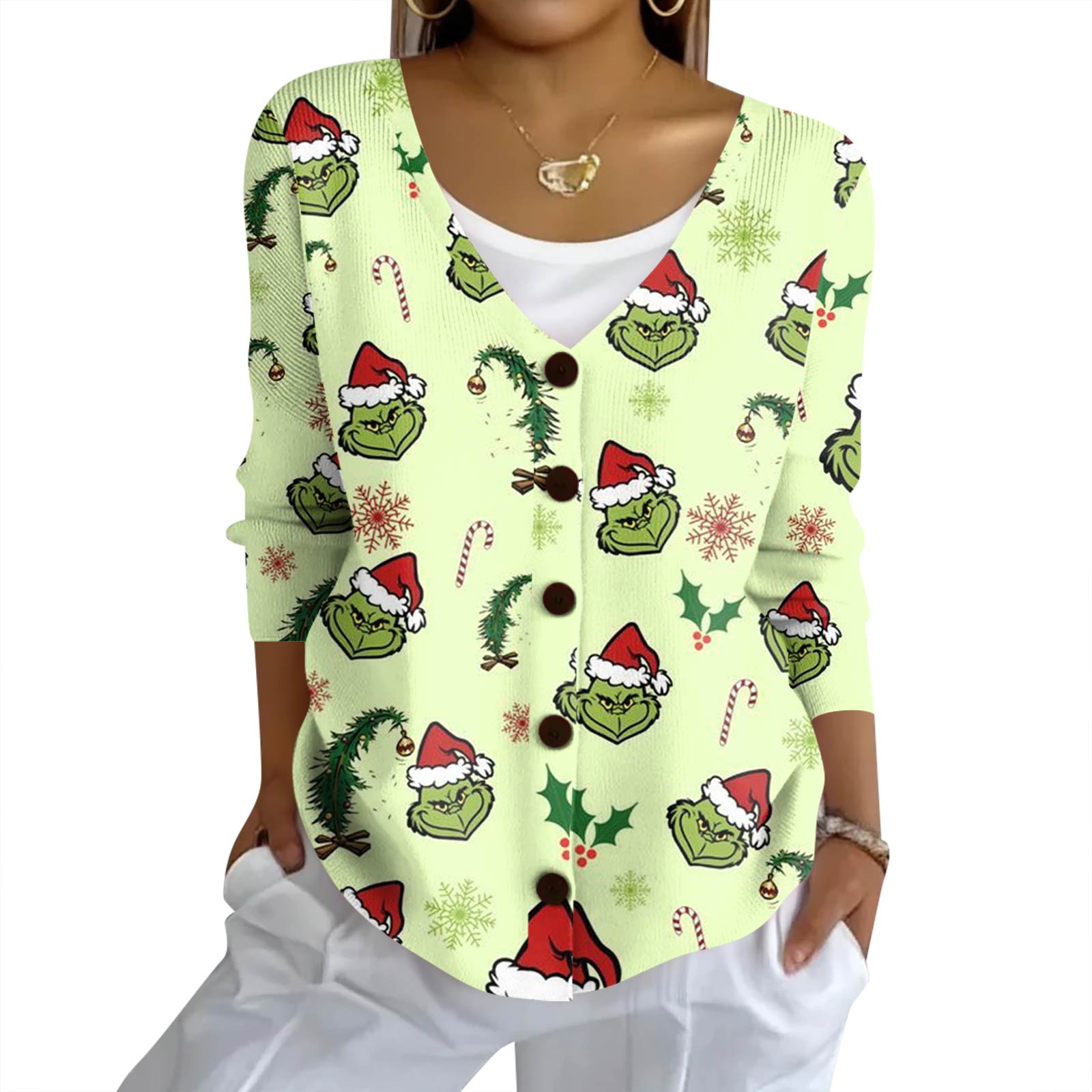 

Женский модный повседневный вязаный свитер на пуговицах, кардиган-жакет с рождественским принтом XL