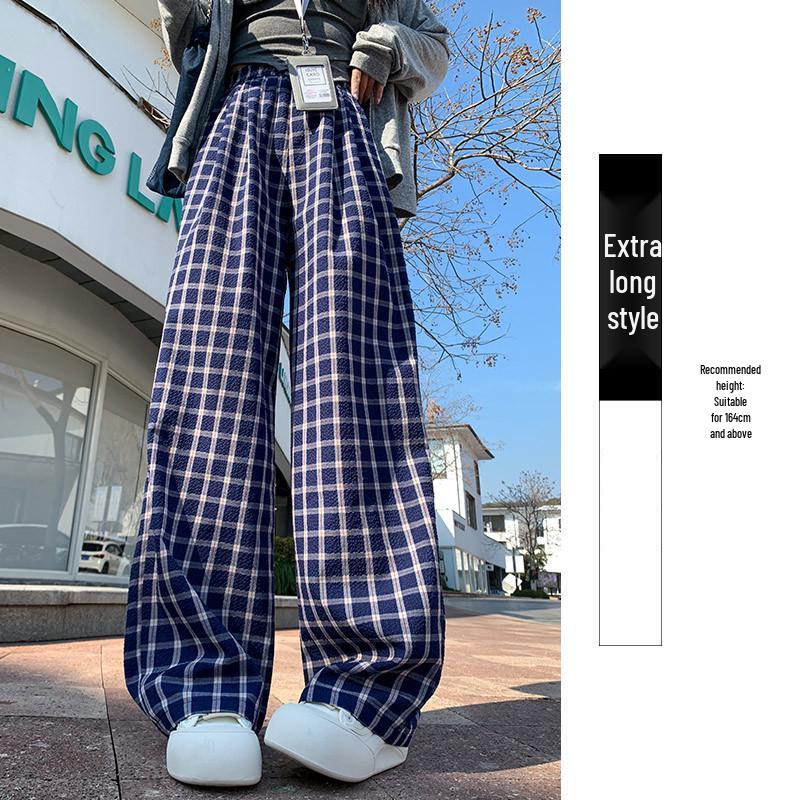 Pantalon d'été rétro à carreaux taille haute jambes larges pour femme (Petite) - Style 2026
