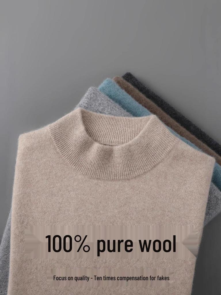 Men's 100% Pure Wool Half-High Neck Sweater - Solid Color, Business Casual Knit Base Layer Top