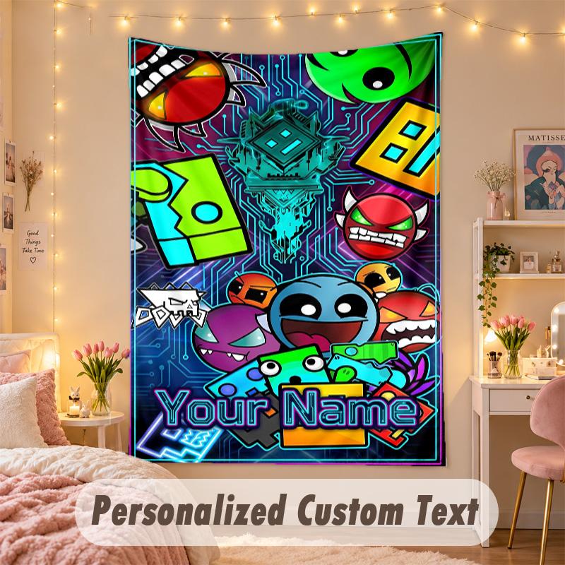 Custom Personalized Tapestry,Geometry Dash Print Custom Name Text Wall Art Hanging for Bedroom