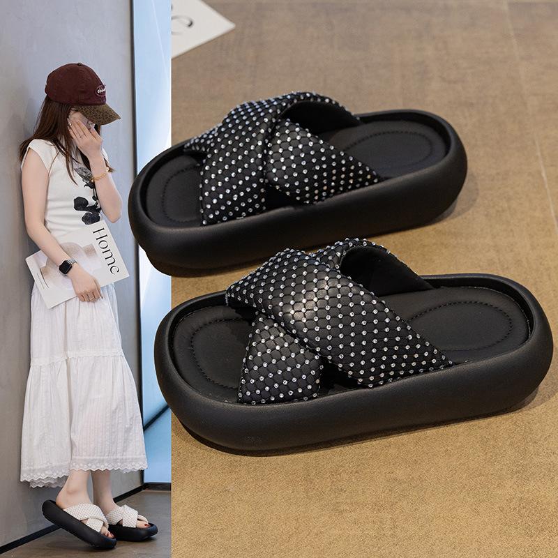 Rhinestone cross with platform slippers women's 2025 new outer wear high-end non-slip sandals