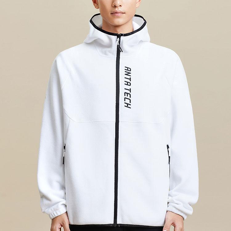 Anta Comprehensive Training Series Letter Color Block Zipper Hooded Fleece Thick Jacket Men Jackets Pure-White 952347702-1