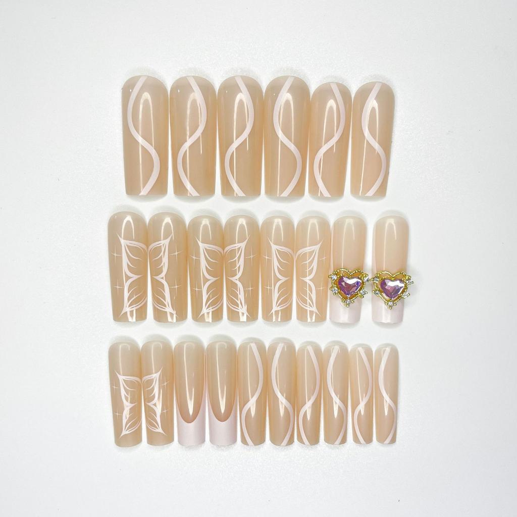 Barbie Pink French Wearing Nail Butterfly Wearing Nail Long Coffin Nail Three-Dimensional Love Nail Patch Fake Nail