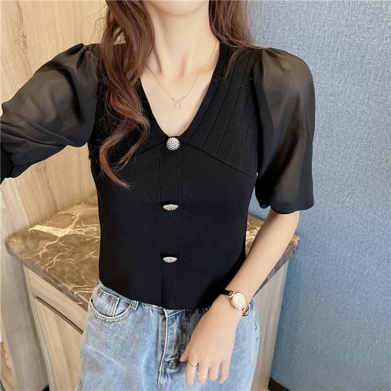 

Модные трикотажные топы женские тонкие летние темпераментные элегантные короткие рукава V-образный вырез шифоновая трикотажная рубашка повседневные основные облегающие пуловеры футболки One Size чёрный