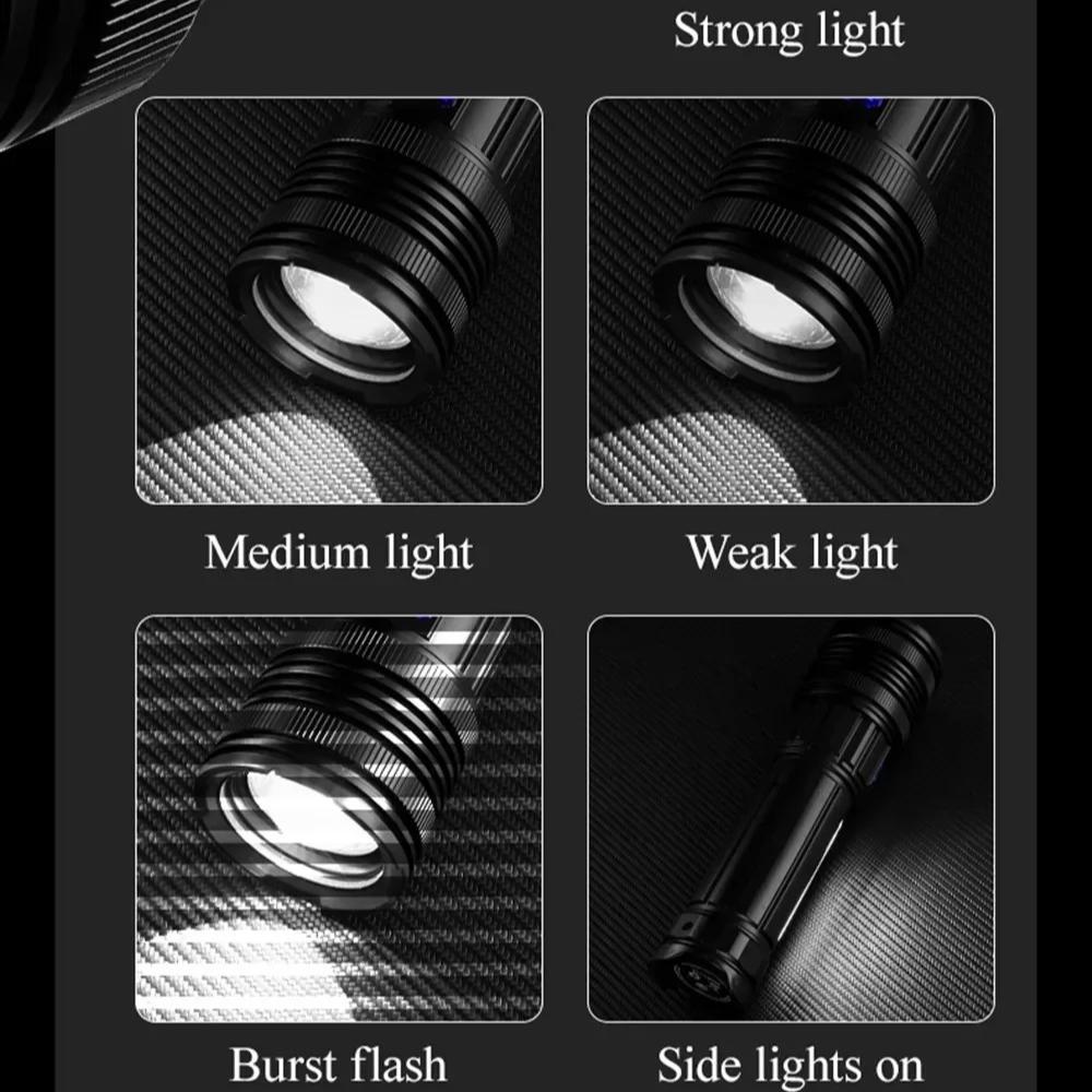 30W Powerful Spotlight  LED Flashlight with COB Side Light Type-C Charging Lantern Strong Bright Torch for Fishing Camping Lamp