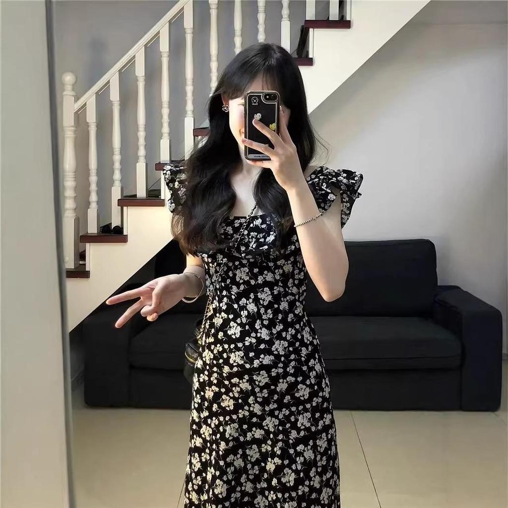 Black Floral Print Puff Sleeve Midi Dress for Women - Summer 2026, Waist-Cinched Slimming Style with Printed Roses