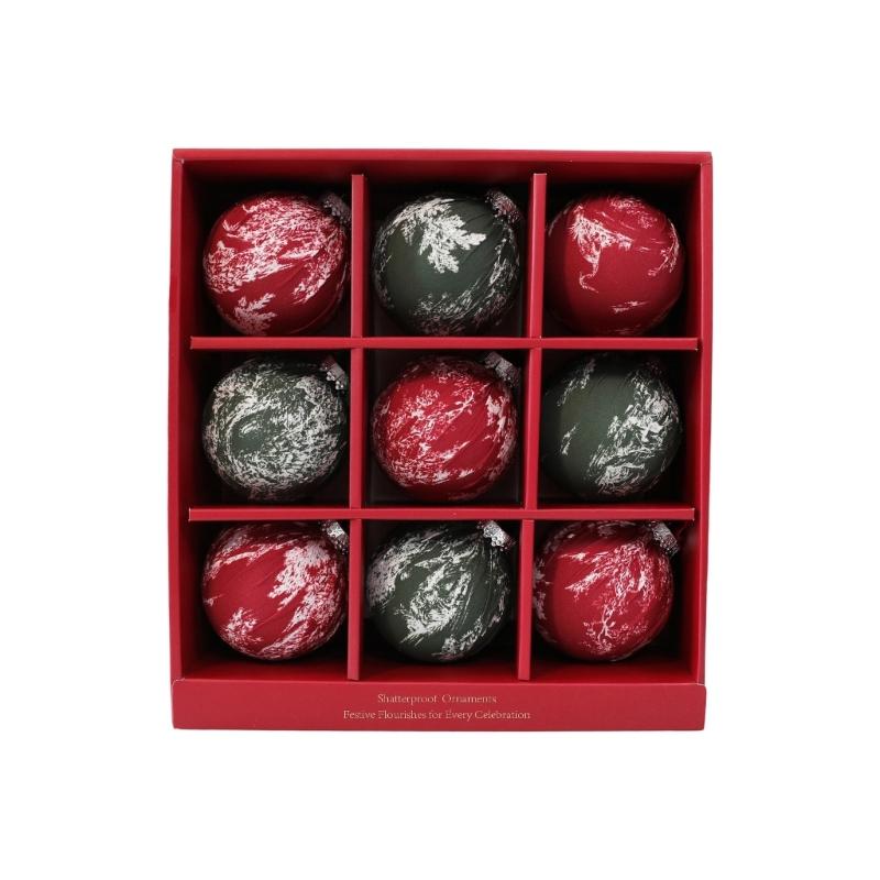 Holiday Tree Trim Set with 9 Fabric Covered Baubles, Patterned Hanging Accents for Wreath, Shelf and Window Styling