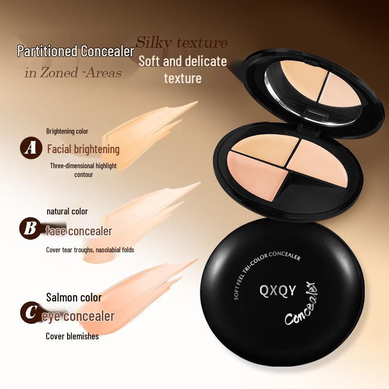 QXQY Soft Touch Three-Color Concealer for a Flawless Base - Corrects Uneven Skin Tone, Dark Circles, and Acne Marks.