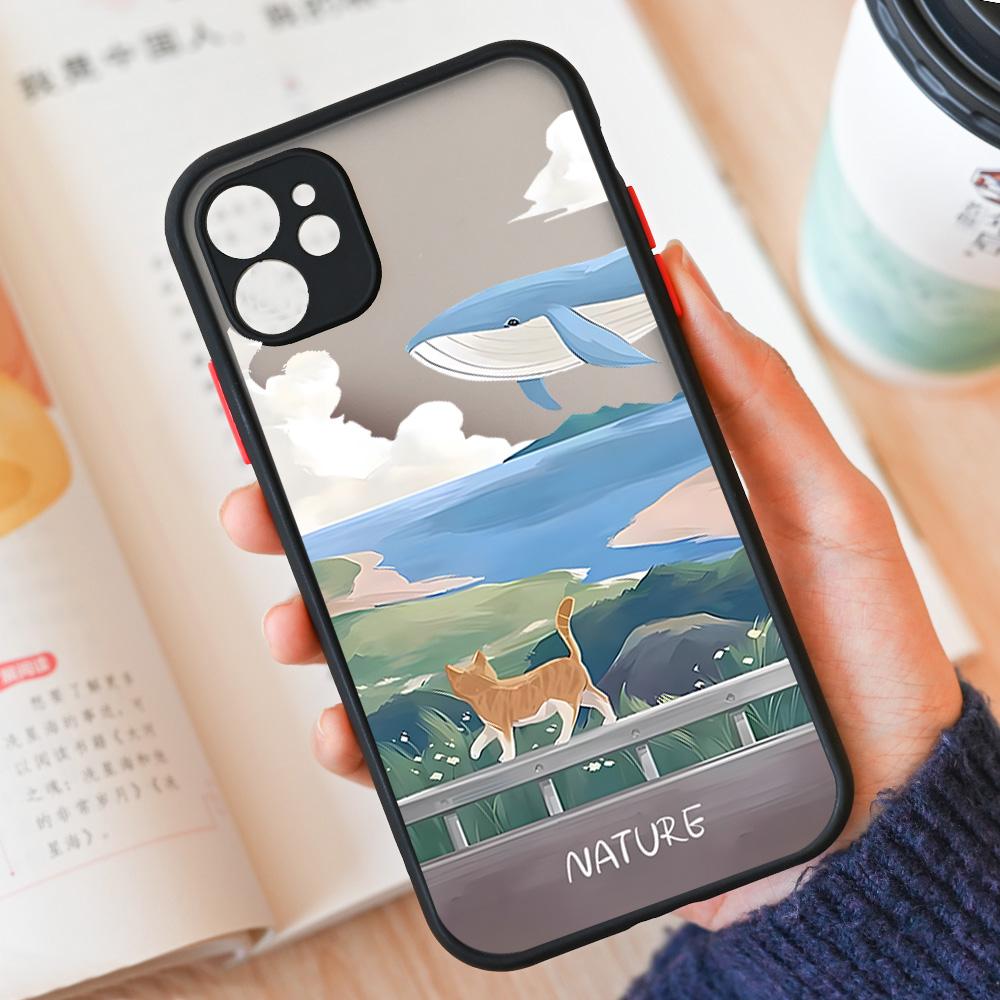 Cartoon Landscape Scenery Phone Case For iPhone 15 14 12 11 13 Pro XS Max 13Mini XR X 8 14Plus SE3 Matte Hard Cover Shell Fundas