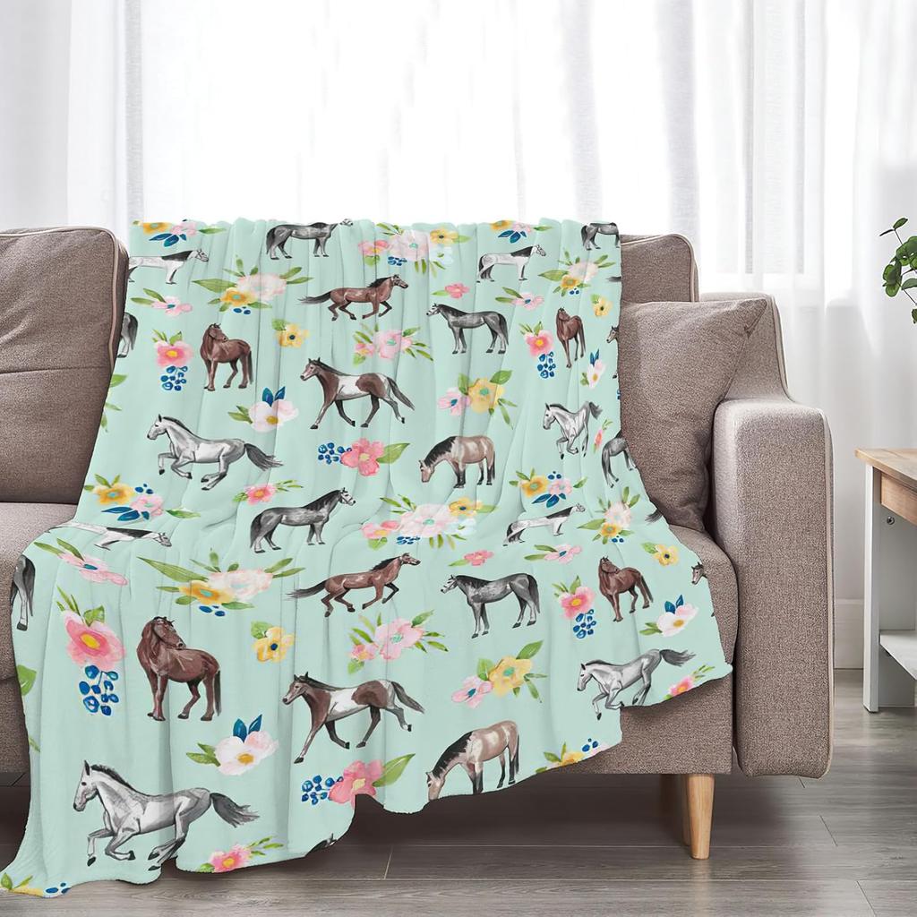 Horse Throw Blanket Super Soft Warm Floral Horse Blanket Cozy Plush Fleece Farm Stuffed Animal Horse Gifts Bedding Blanket