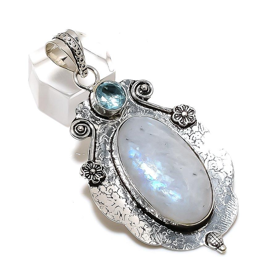 Rainbow Moonstone Handmade 925 Sterling Silver Jewelry Pendant 2.68" U0s93