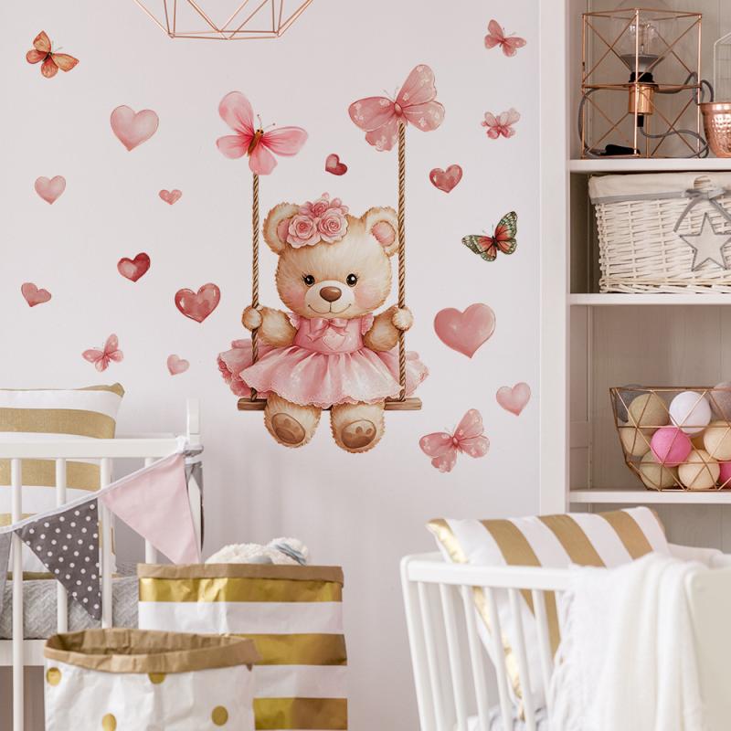 

Cartoon Bear Swing Butterfly Wall Stickers Child Room Background Decoration Self-Adhesive Decals розовый