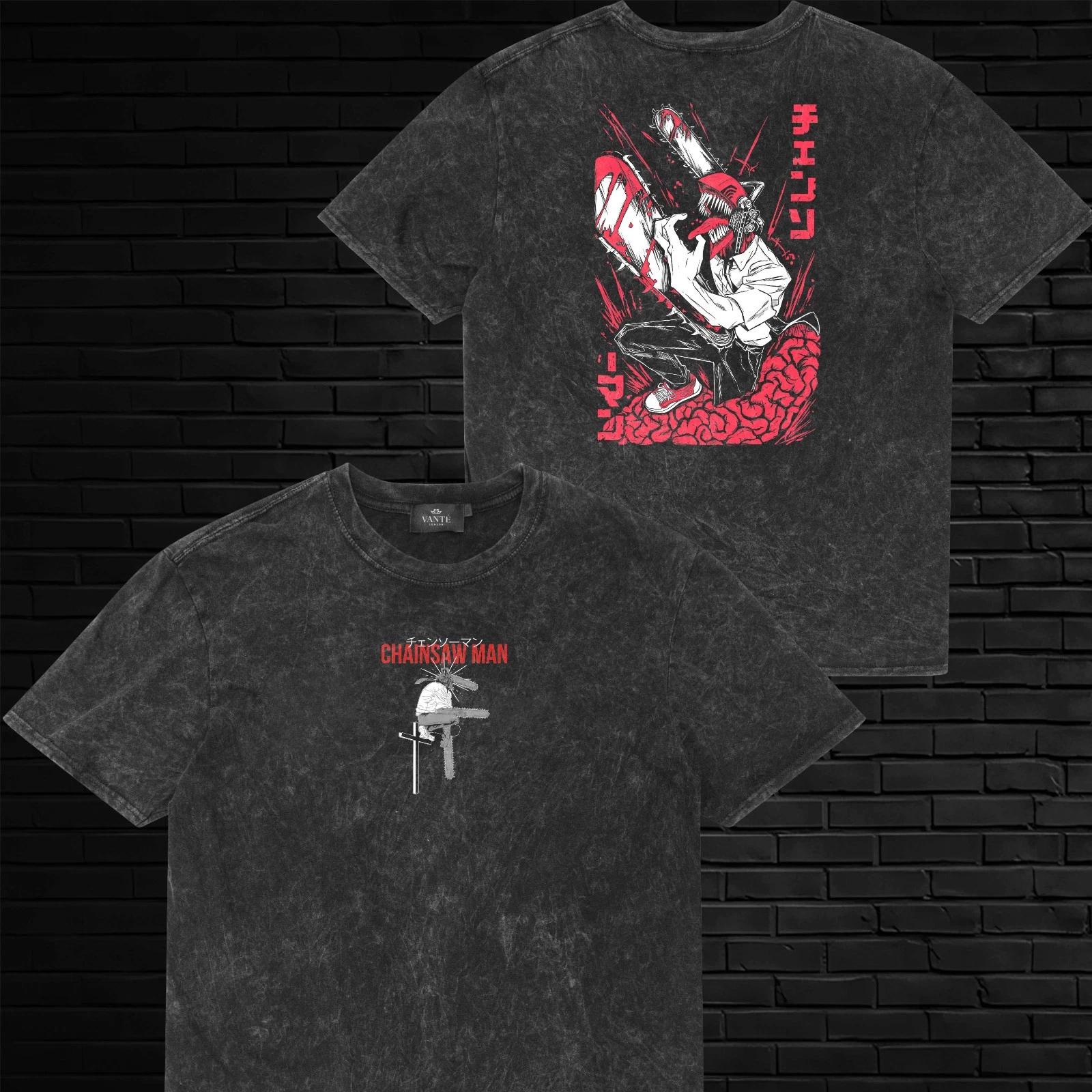 Denji Acid Wash Graphic Tee Shirt Pochita Manga Men’s Streetwear Top 3XL