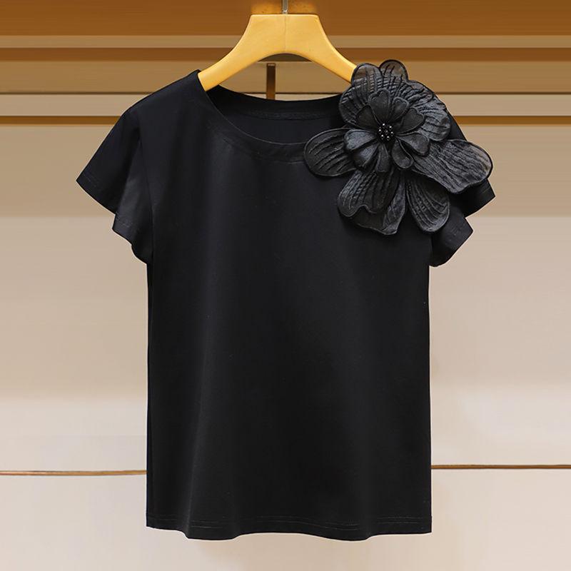 

Ropa Mujer, модные футболки, женские свободные повседневные футболки с 3D цветочным принтом, футболки с круглым вырезом и короткими рукавами, милые летние футболки с оборками, топы