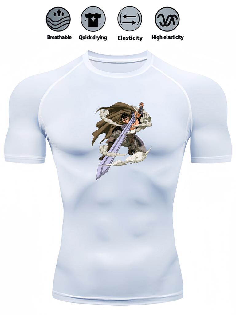 Mens White Compression Short Sleeve T-Shirt Anime Warrior With Sword Graphic Breathable Quick Dry High Elasticity Gym And Running Athletic Top