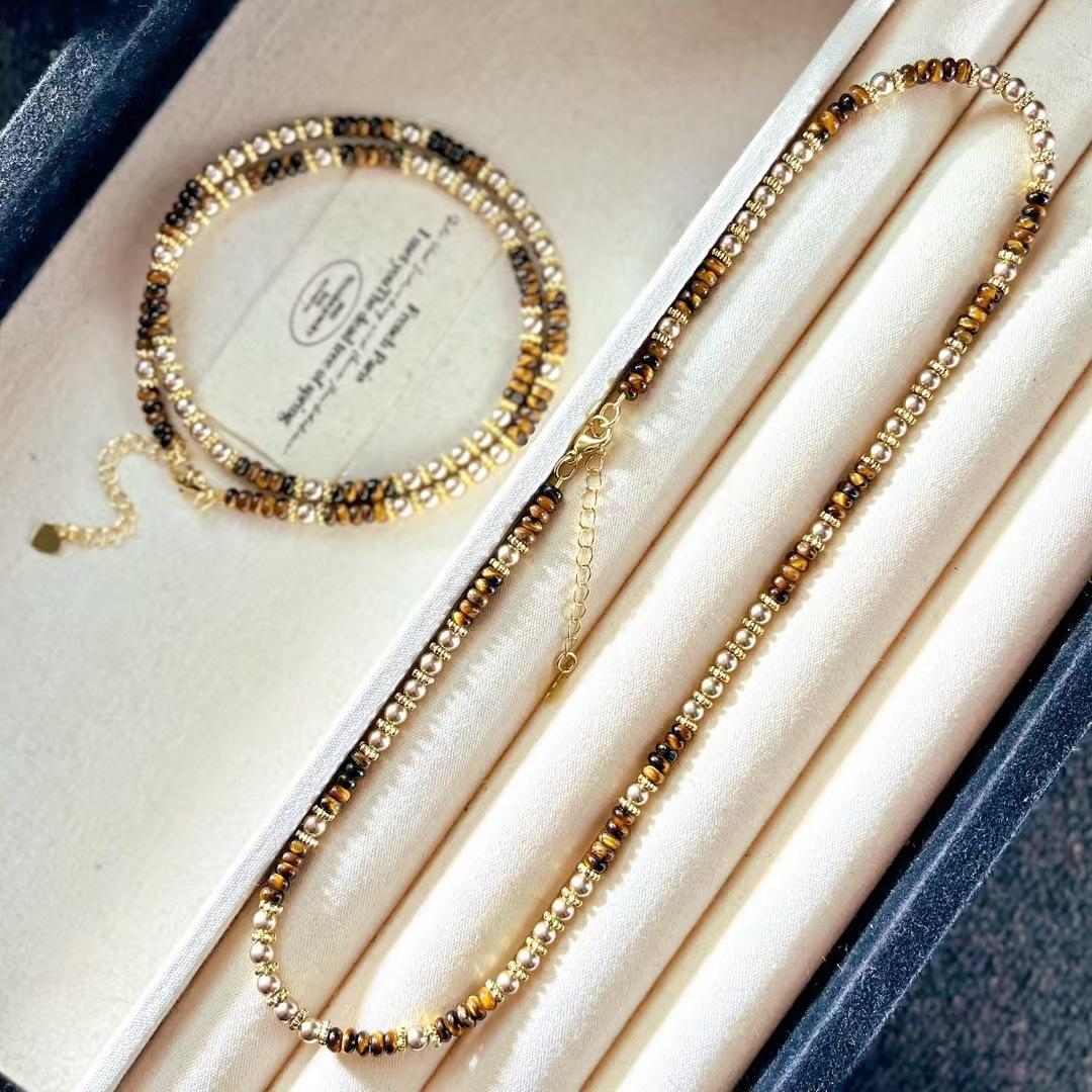

Vintage Maillard Natural Tiger S Eye Artificial Highlight Crystal Pearl Clavicle Chain Necklace