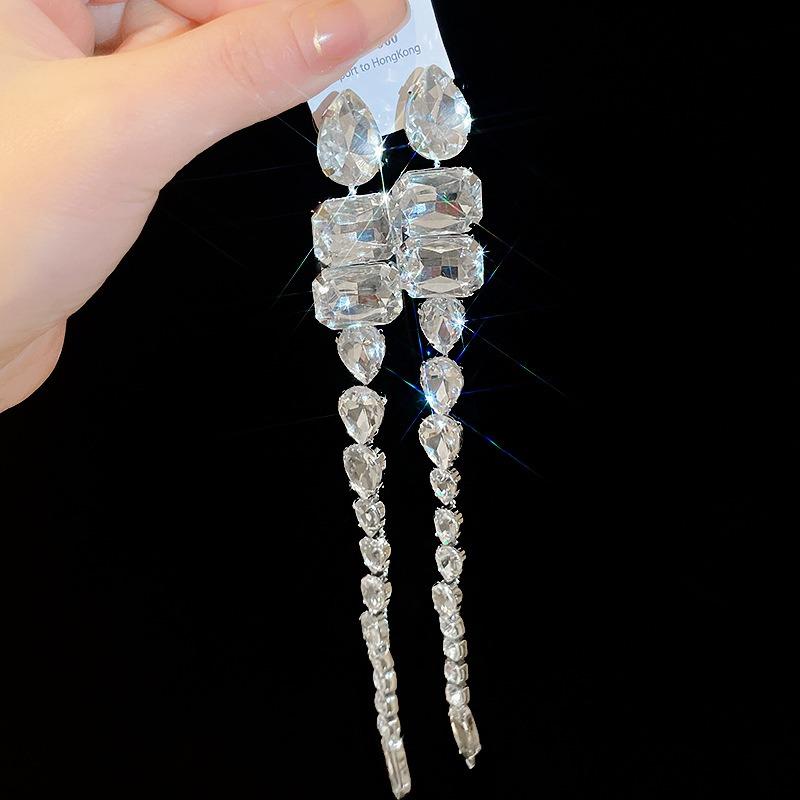 Silver Needle Diamond Flower Water Drop Tassel Earrings Exaggerated Earrings Light Luxury Premium Earrings Women