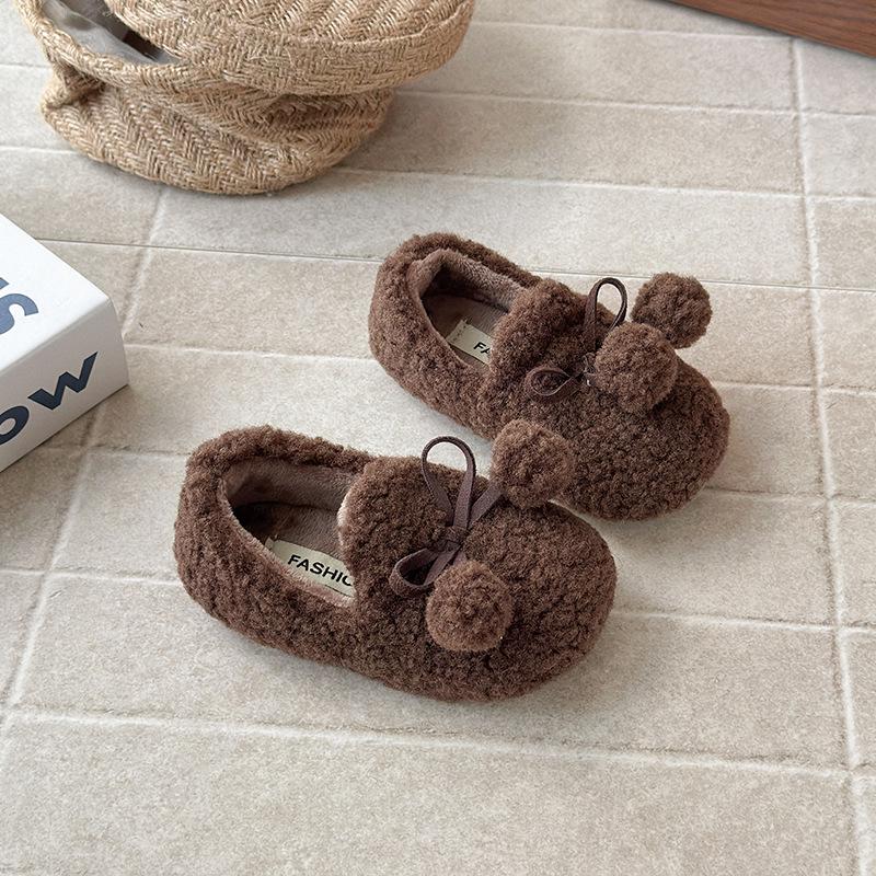 Girls' Plus Velvet Cotton Shoes - Winter 2025 Fur Ball Loafers with Soft Sole for Babies and Children