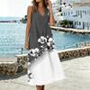 Women Sleeveless V Neck Dress with Pockets Split Hem Floral Print Linen Blend Casual Summer Midi Dress