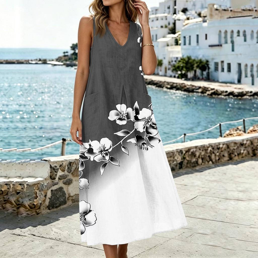 Women Sleeveless V Neck Dress with Pockets Split Hem Floral Print Linen Blend Casual Summer Midi Dress