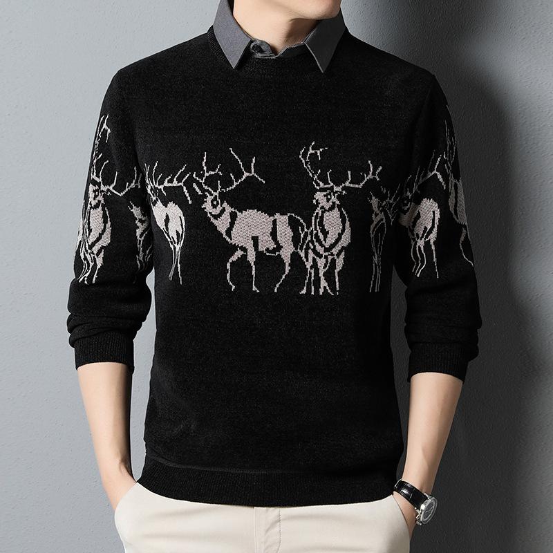 Men's autumn and winter holiday two-piece shirt collar sweater new style plus velvet and thickening men's trendy casual embroidered knitted