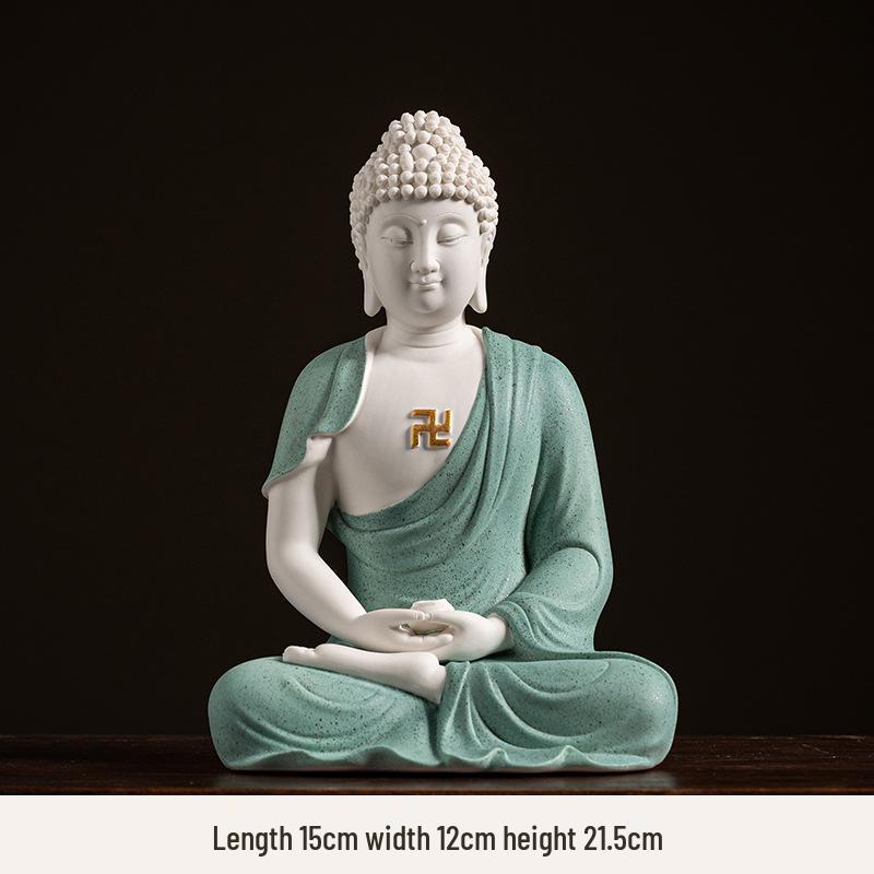 Keramik Shakyamuni Buddha Statue - Wohnzimmer Kunstwerk mit den Drei Heiligen und Lichtkreis Design