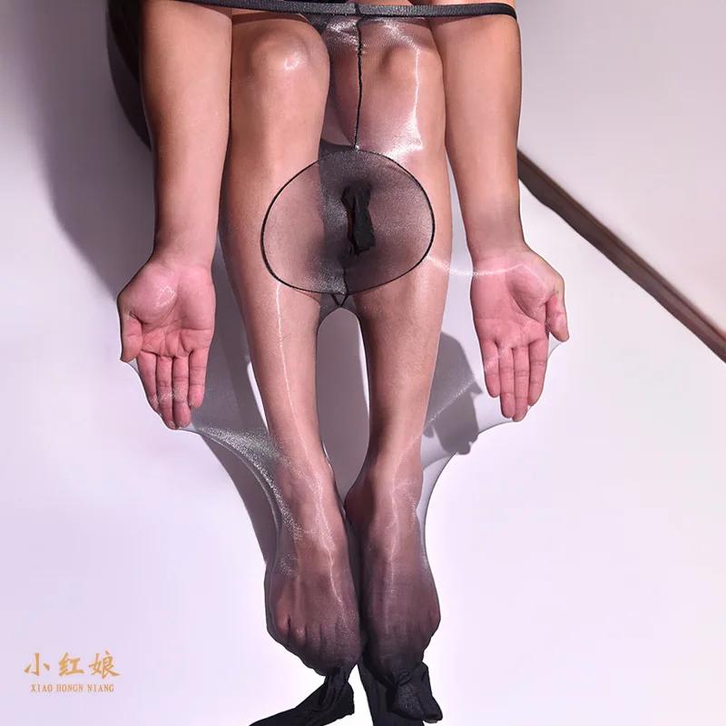 Herrenstrümpfe Glänzend Hochglänzend U-förmige Beule Strumpf Transparent Hoch Elastisch Strumpfhose Durchsichtig Übergröße Ultra-dünn Enganliegender Strumpf open Sheath pink