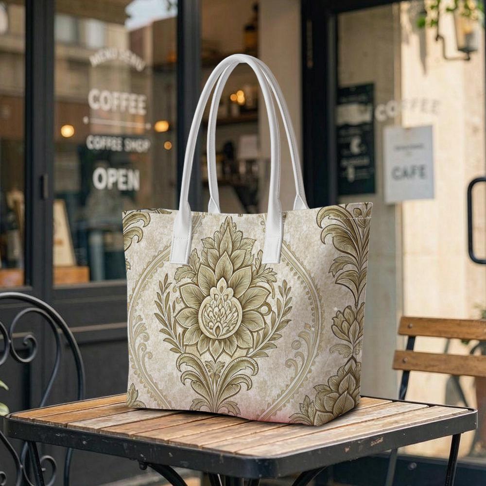 Elegant Damask Print Tote Bag Large Capacity Ladies Casual Daily Shoulder Bag for Shopping Commuting
